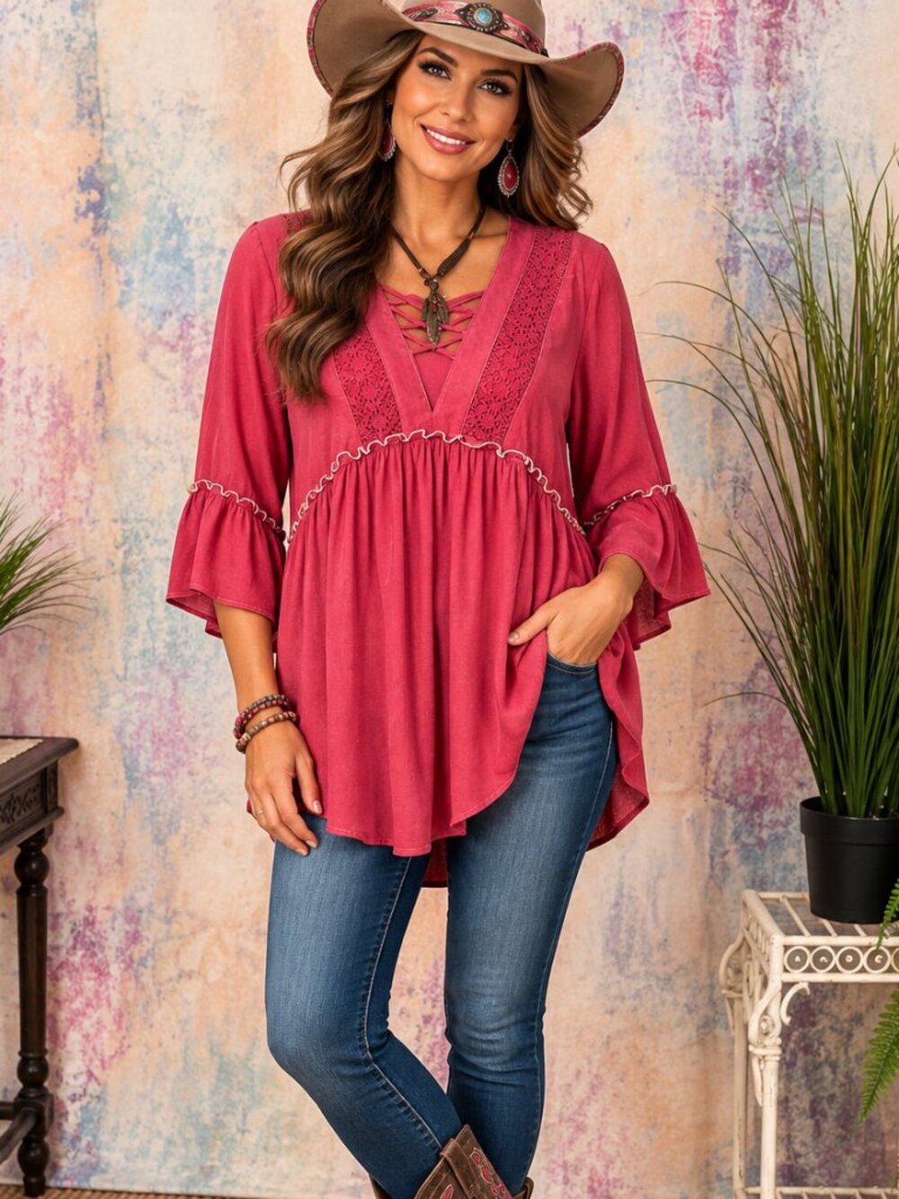 📌Tantrums Country Style Blouse with Lace & Trumpet Sleeves
